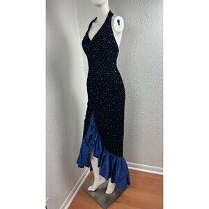 Vtg 80s Blue Velvet Dress Halter Studded Ruffle Hem Holiday Party Formal Sz 4